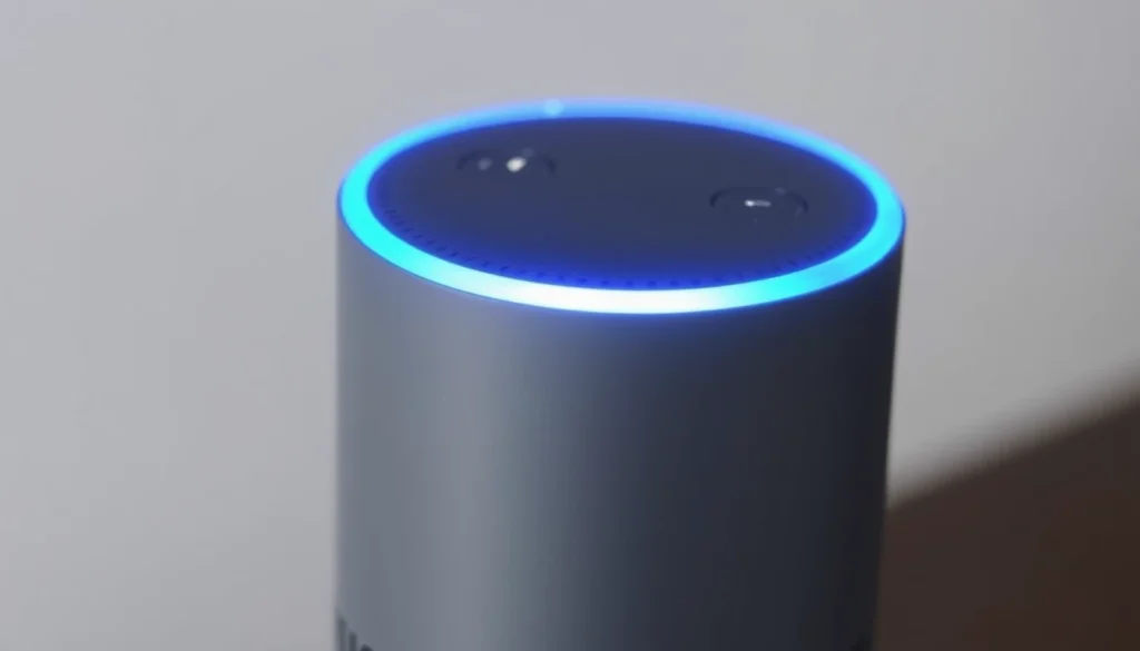 Un Amazon Echo de primera generación con una luz azul circular encendida en la parte superior, listo para responder a comandos de voz.