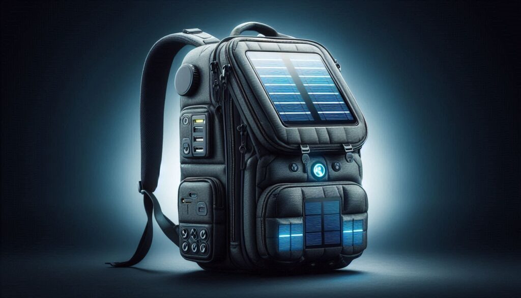  Mochila negra con panel solar integrado y detalles tecnológicos en azul brillante, ideal para cargar dispositivos en movimiento.