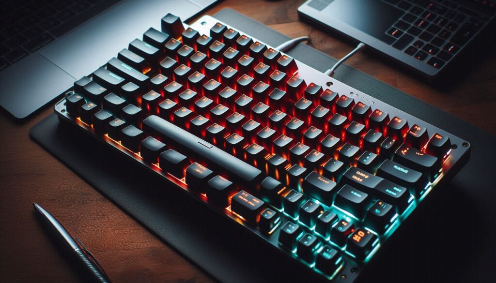 Teclado mecánico compacto SteelSeries Apex Pro TKL con retroiluminación RGB personalizable, teclas negras y detalles plateados, sobre una alfombrilla de ratón negra.
