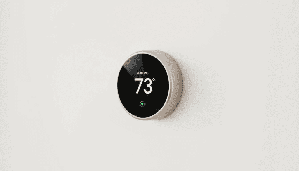 Un termostato Nest circular con pantalla negra mostrando una temperatura de 73 grados Fahrenheit y un indicador de encendido verde.