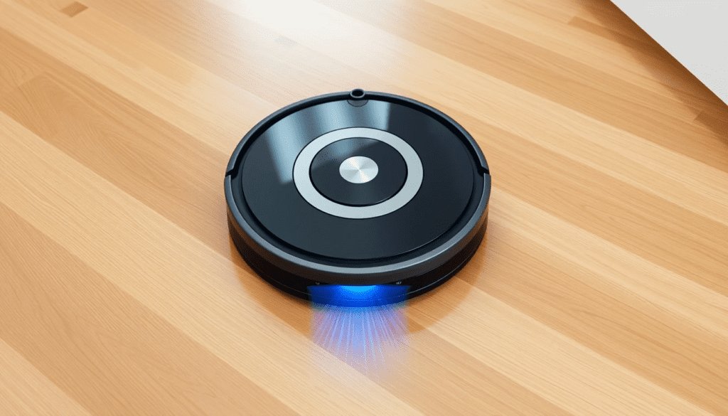 Un moderno robot aspirador negro y gris con una luz azul encendida limpia un piso de madera en una habitación bien iluminada.